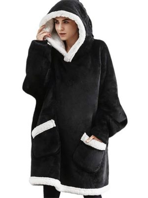 Cobertor de moletom com capuz de lã de pelúcia com mangas - bolso prático preto