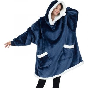 Cobertor de moletom com capuz de lã de pelúcia com mangas - bolso prático azul