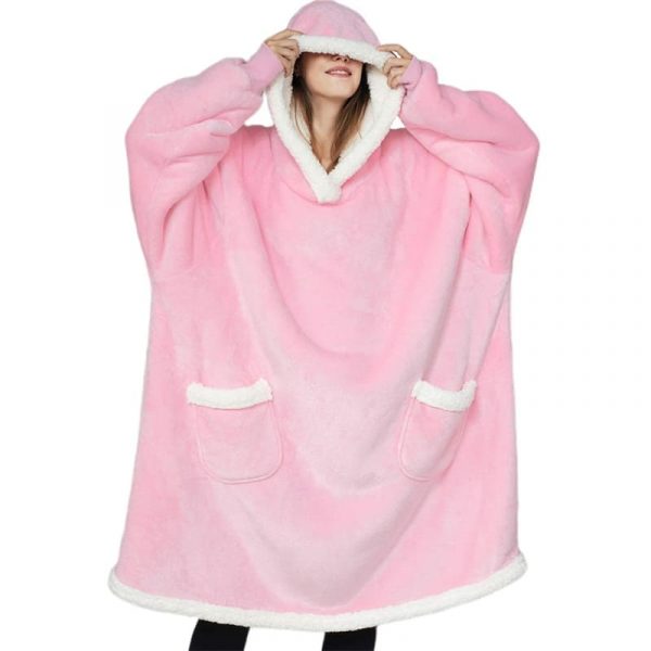 Cobertor de moletom com capuz de lã de pelúcia com mangas - bolso prático rosa
