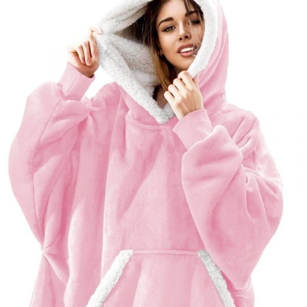 Cobertor de moletom com capuz de lã de pelúcia com mangas - rosa bebê e branco