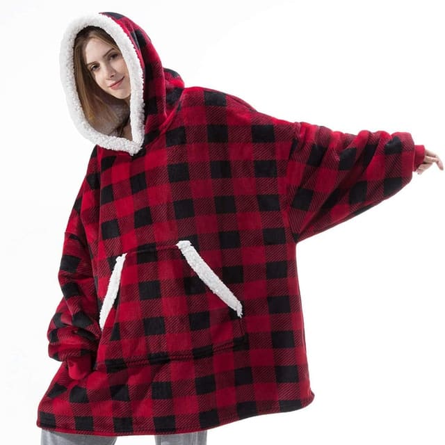 Cobertor de moletom com capuz de lã de pelúcia com mangas - xadrez vermelho e preto