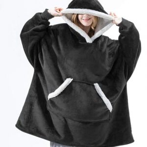 Cobertor de moletom com capuz de lã de pelúcia com mangas - preto e branco