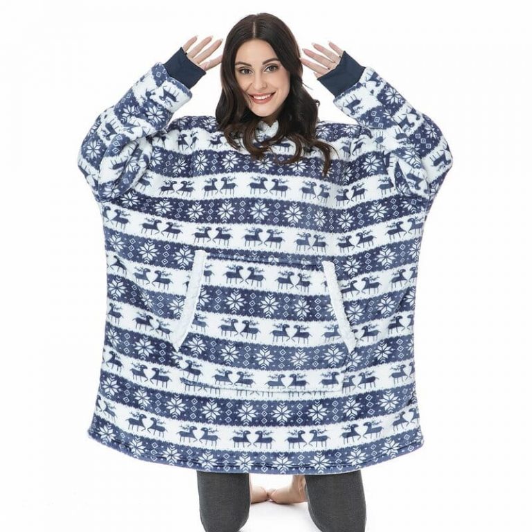 Cobertor de moletom com capuz de lã de pelúcia com mangas - renas azuis