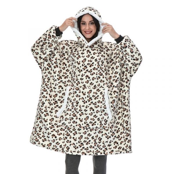 Cobertor de moletom com capuz de lã de pelúcia com mangas - leopardo