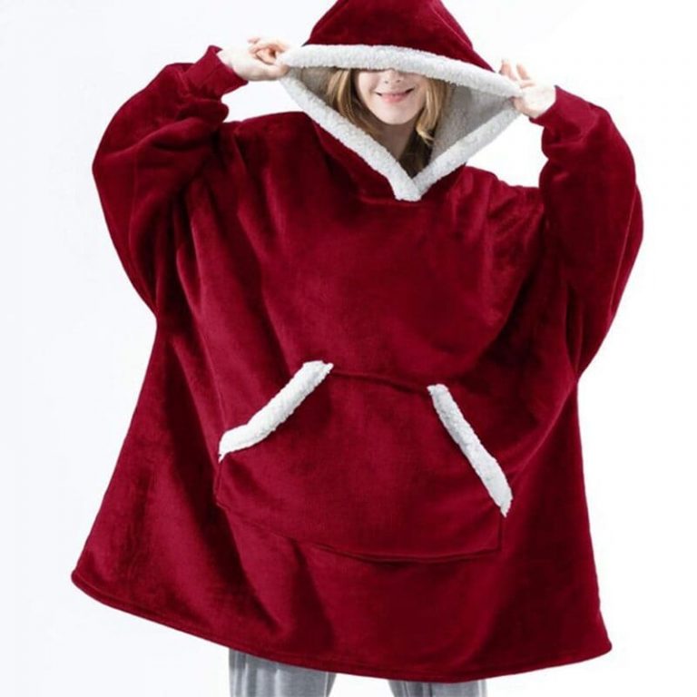 Cobertor de moletom com capuz de lã de pelúcia com mangas - vermelho e branco